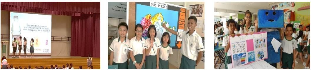P5 pupils serving as Water Conservation Ambassadors in garnering support from fellow schoolmates to pledge towards water conservation during the YCKPS VIA Exposition.