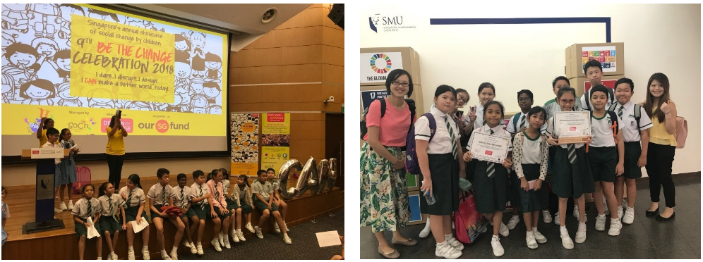 Two groups, namely “The land of Lost Treasures” and “The Blind Spot” emerged the Top 10 in the primary school category, with ‘The Blind Spot’ group winning the Top 3 award! They were invited to the ‘Be the Change Celebration’ at SMU to share their learning with students and teachers from other schools.