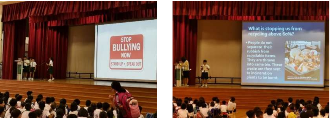 Student leaders from Social Change in Action Programme went on stage to share with their schoolmates on their concerns such as “saying no to bullying” and “how to recycle properly”.